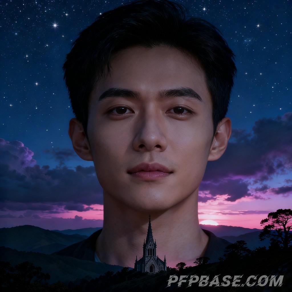 Image 4: starlit sky, night view, spired tower, mountain range, dreamlike scene