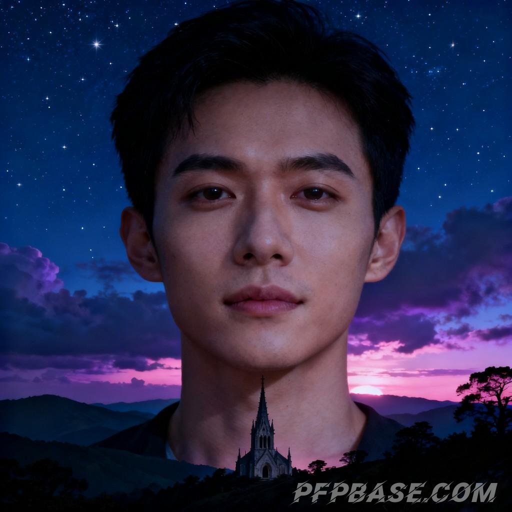 Image 5: starlit sky, night view, spired tower, mountain range, dreamlike scene