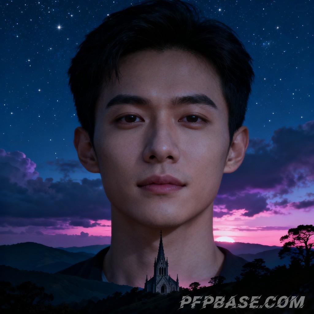 Image 6: starlit sky, night view, spired tower, mountain range, dreamlike scene