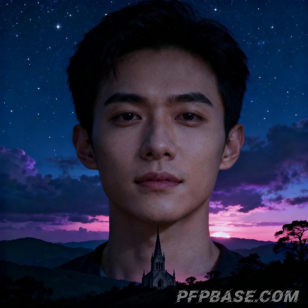 Image 7: starlit sky, night view, spired tower, mountain range, dreamlike scene