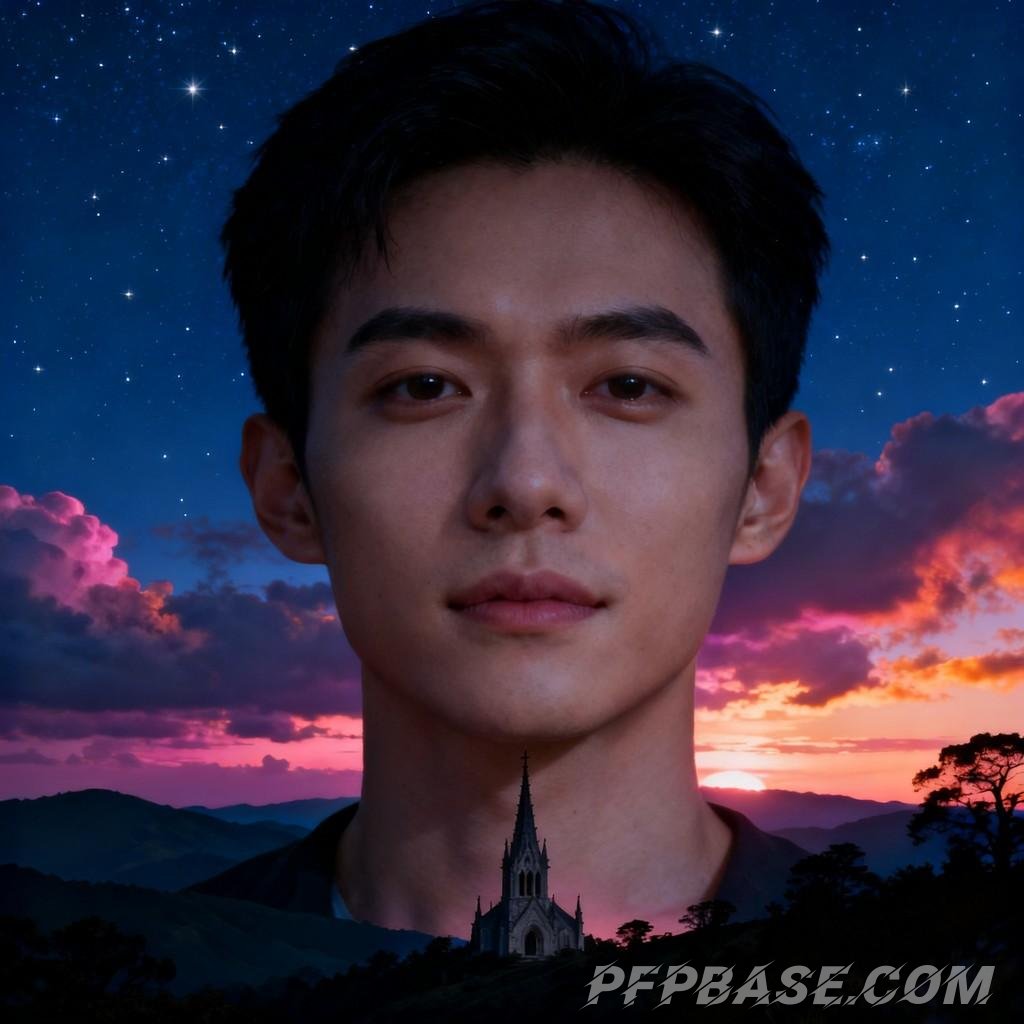 Image 8: starlit sky, night view, spired tower, mountain range, dreamlike scene