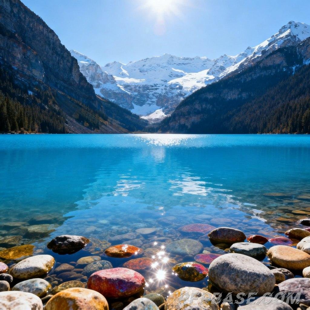Image 1: deep blue lake, snow-capped mountains reflected, crystal clear water, tranquil lake, natural scenery