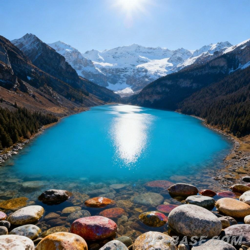 Image 3: deep blue lake, snow-capped mountains reflected, crystal clear water, tranquil lake, natural scenery