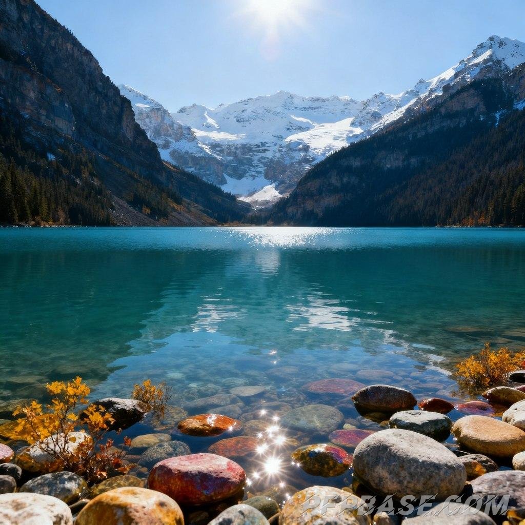 Image 4: deep blue lake, snow-capped mountains reflected, crystal clear water, tranquil lake, natural scenery