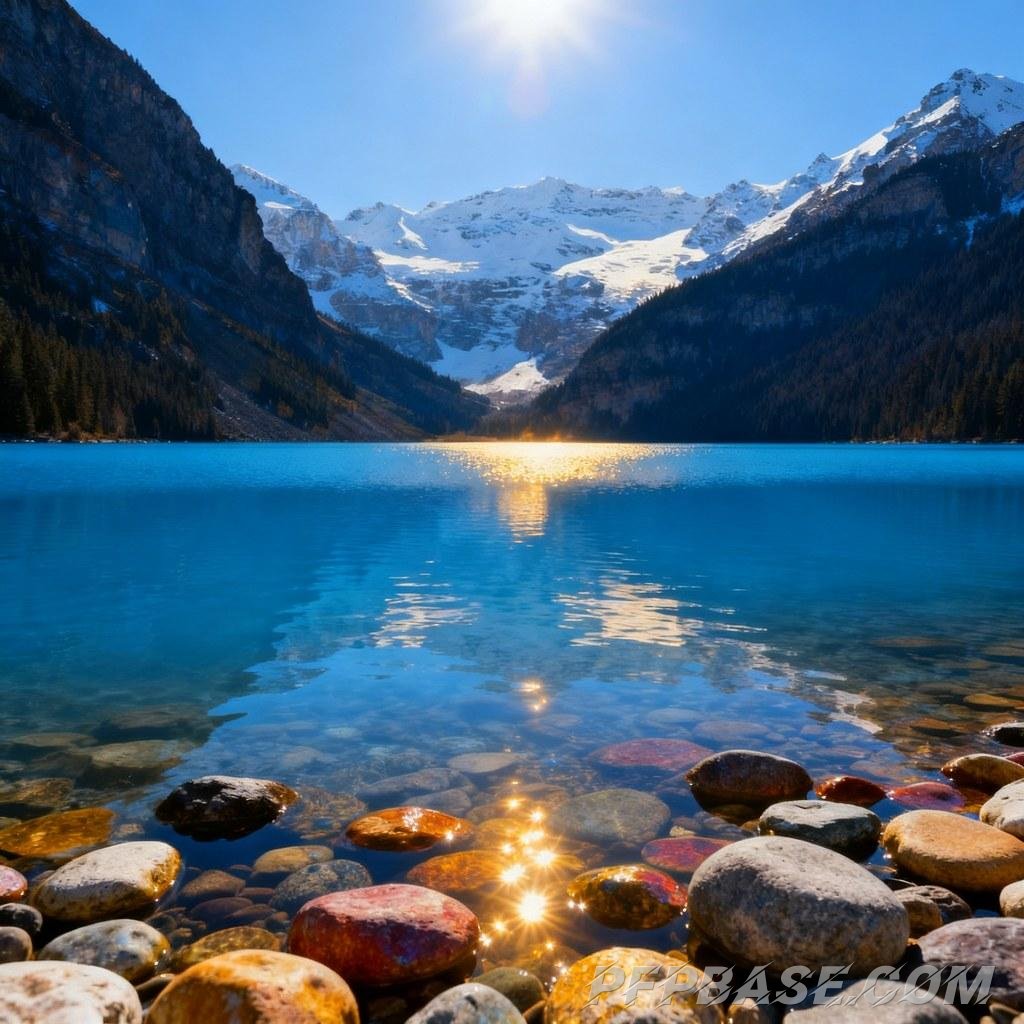 Image 5: deep blue lake, snow-capped mountains reflected, crystal clear water, tranquil lake, natural scenery