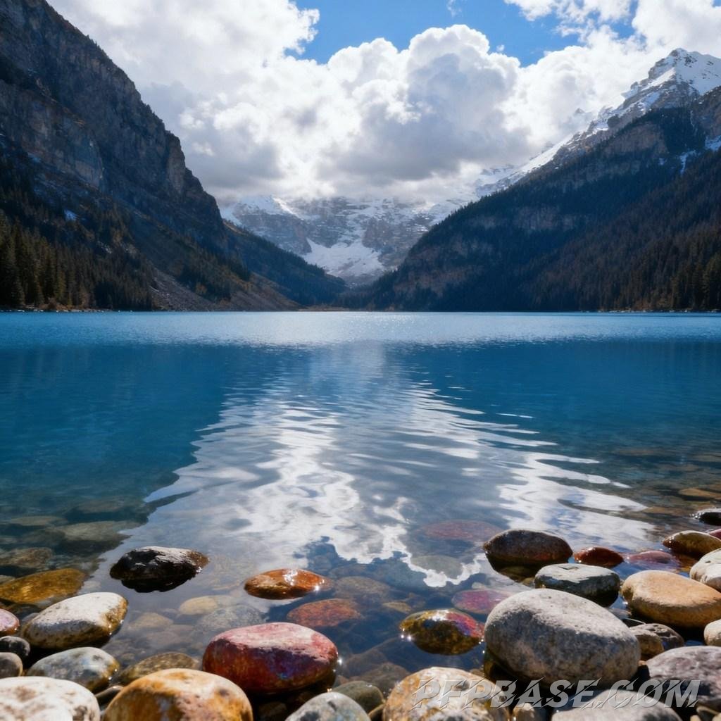 Image 6: deep blue lake, snow-capped mountains reflected, crystal clear water, tranquil lake, natural scenery