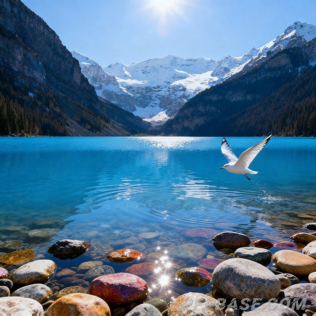 Image 7: deep blue lake, snow-capped mountains reflected, crystal clear water, tranquil lake, natural scenery