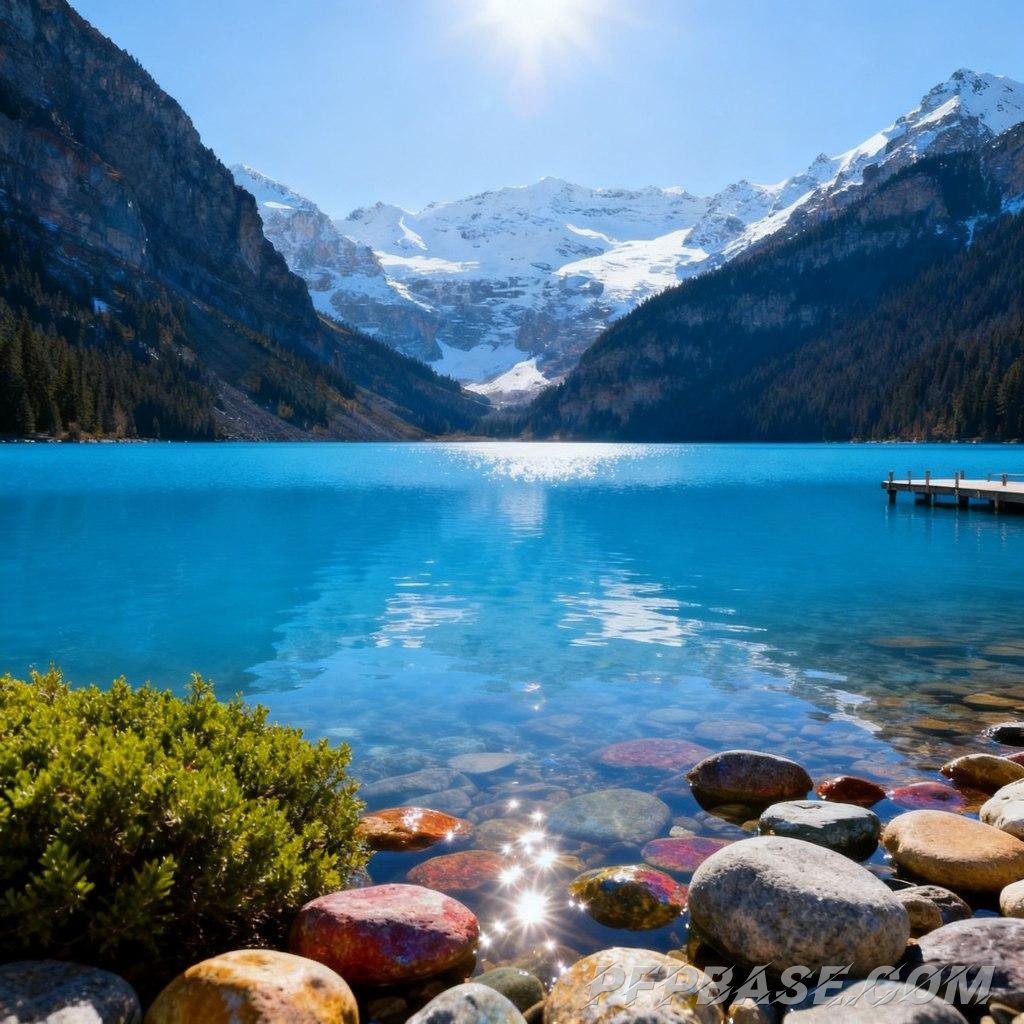 Image 8: deep blue lake, snow-capped mountains reflected, crystal clear water, tranquil lake, natural scenery