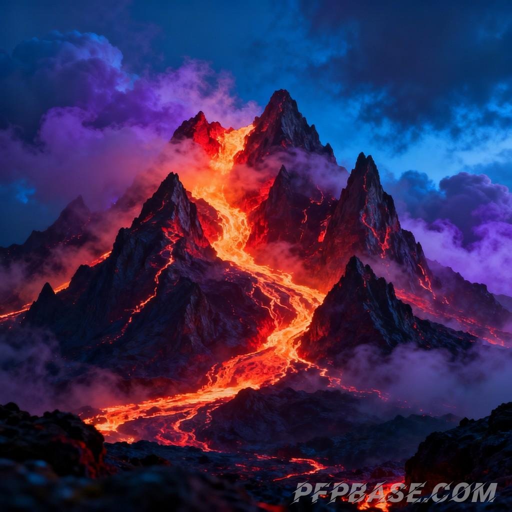 Image 2: mysterious energy, volcanic range, glow of lava, dreamy hues, dynamic tension