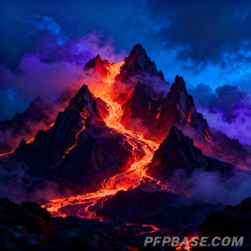 Image 3: mysterious energy, volcanic range, glow of lava, dreamy hues, dynamic tension