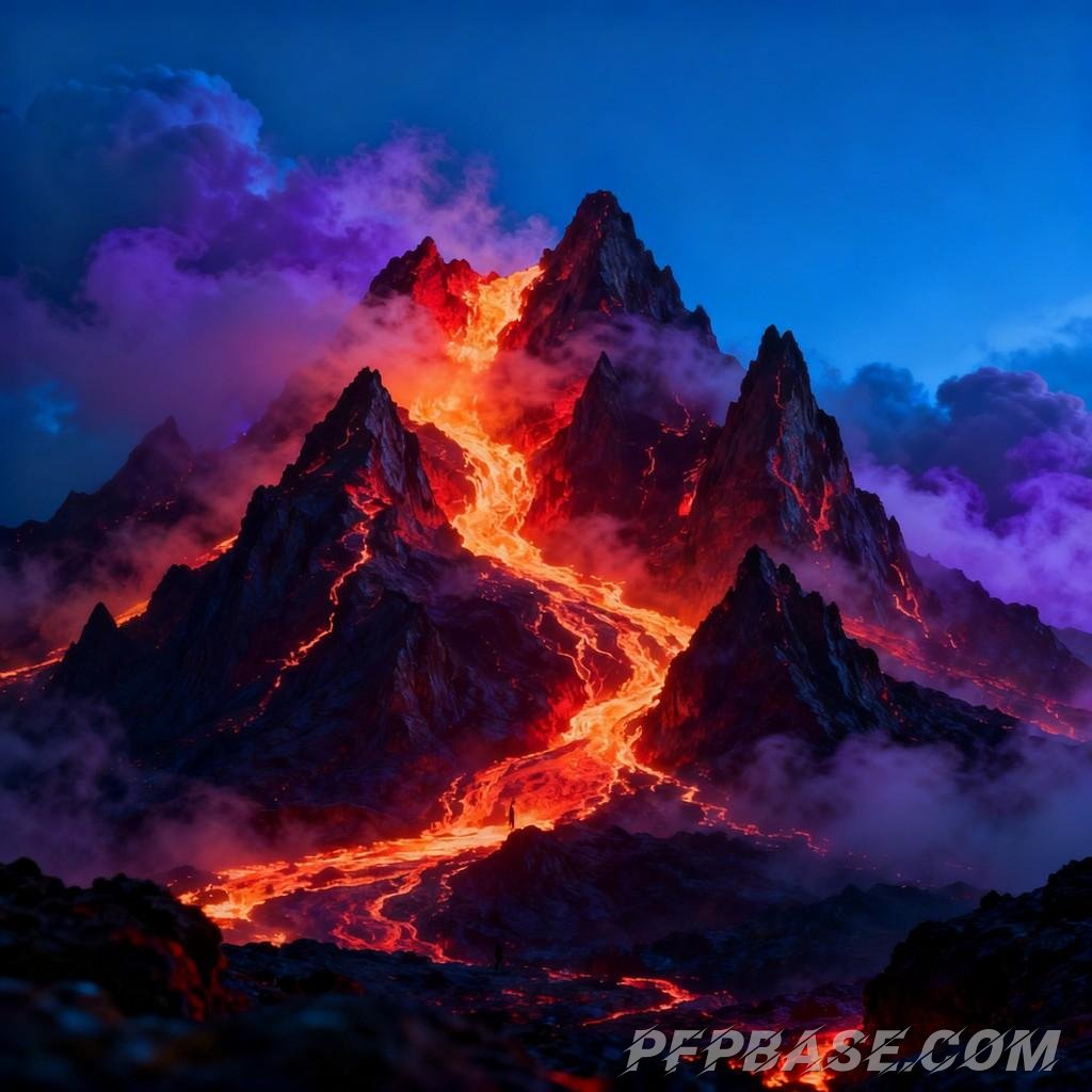 Image 4: mysterious energy, volcanic range, glow of lava, dreamy hues, dynamic tension