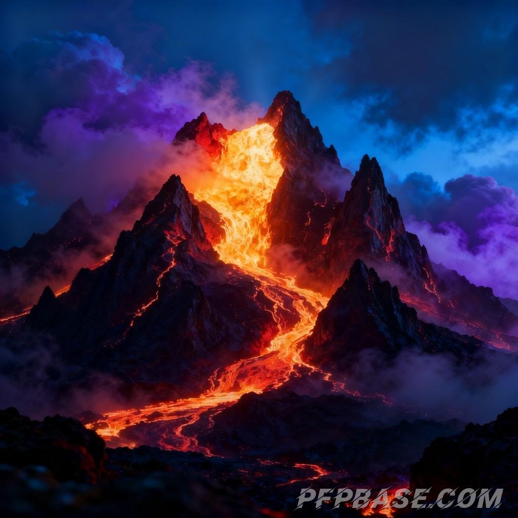 Image 5: mysterious energy, volcanic range, glow of lava, dreamy hues, dynamic tension