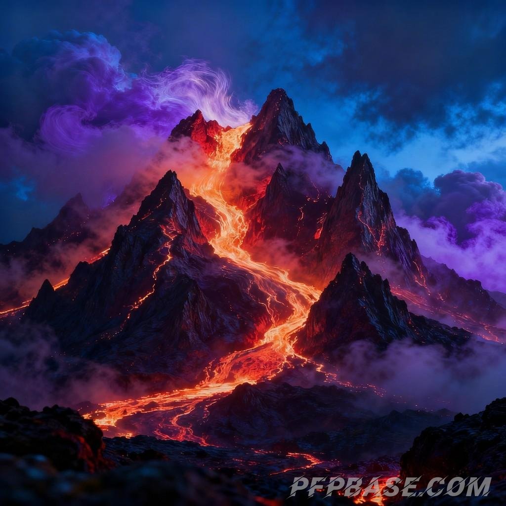 Image 6: mysterious energy, volcanic range, glow of lava, dreamy hues, dynamic tension