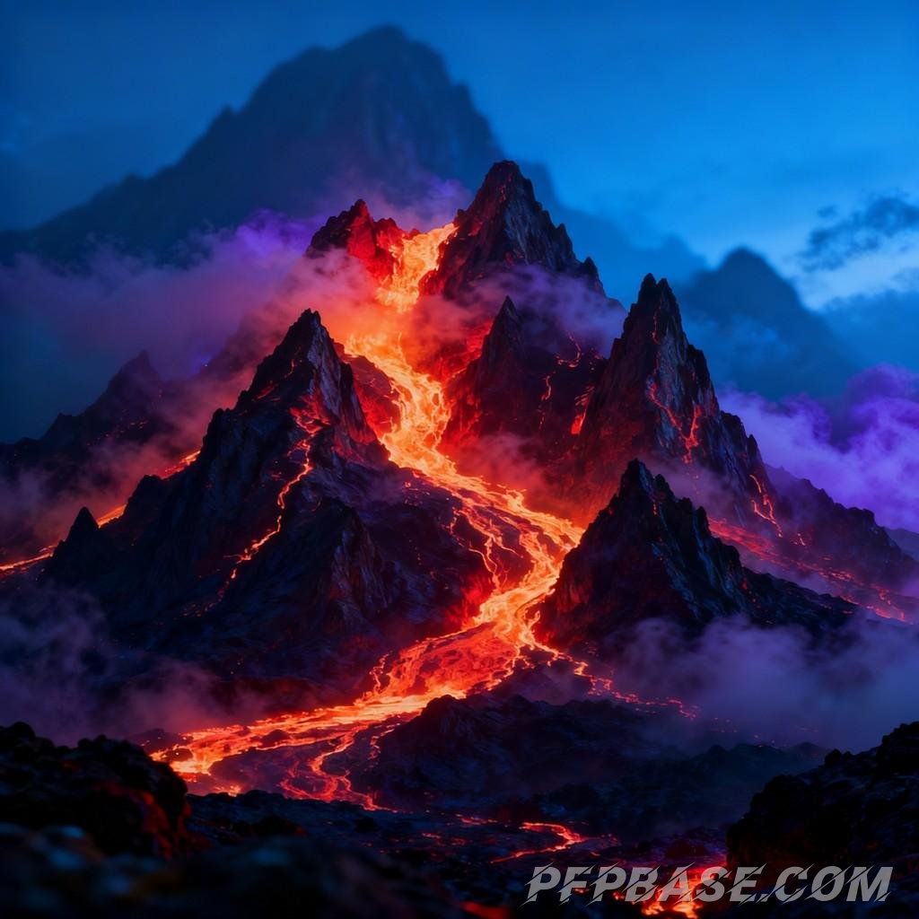 Image 7: mysterious energy, volcanic range, glow of lava, dreamy hues, dynamic tension
