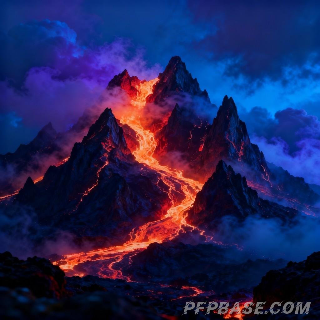 Image 8: mysterious energy, volcanic range, glow of lava, dreamy hues, dynamic tension