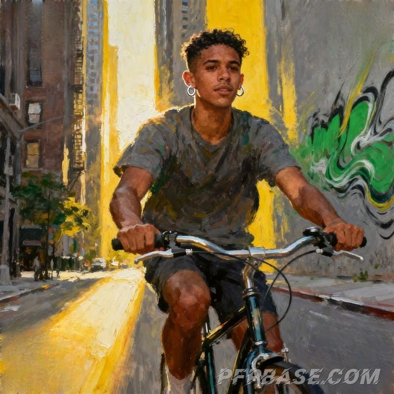 Image 4: modern male figure, city night view, beach sunset, graffiti music, desert morning mist, street cycli