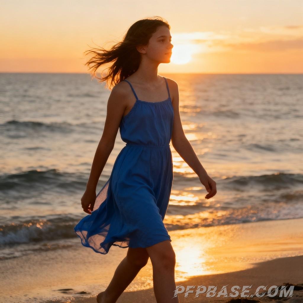 Image 1: young girl, sunset, sea of flowers, dreamy, soothing