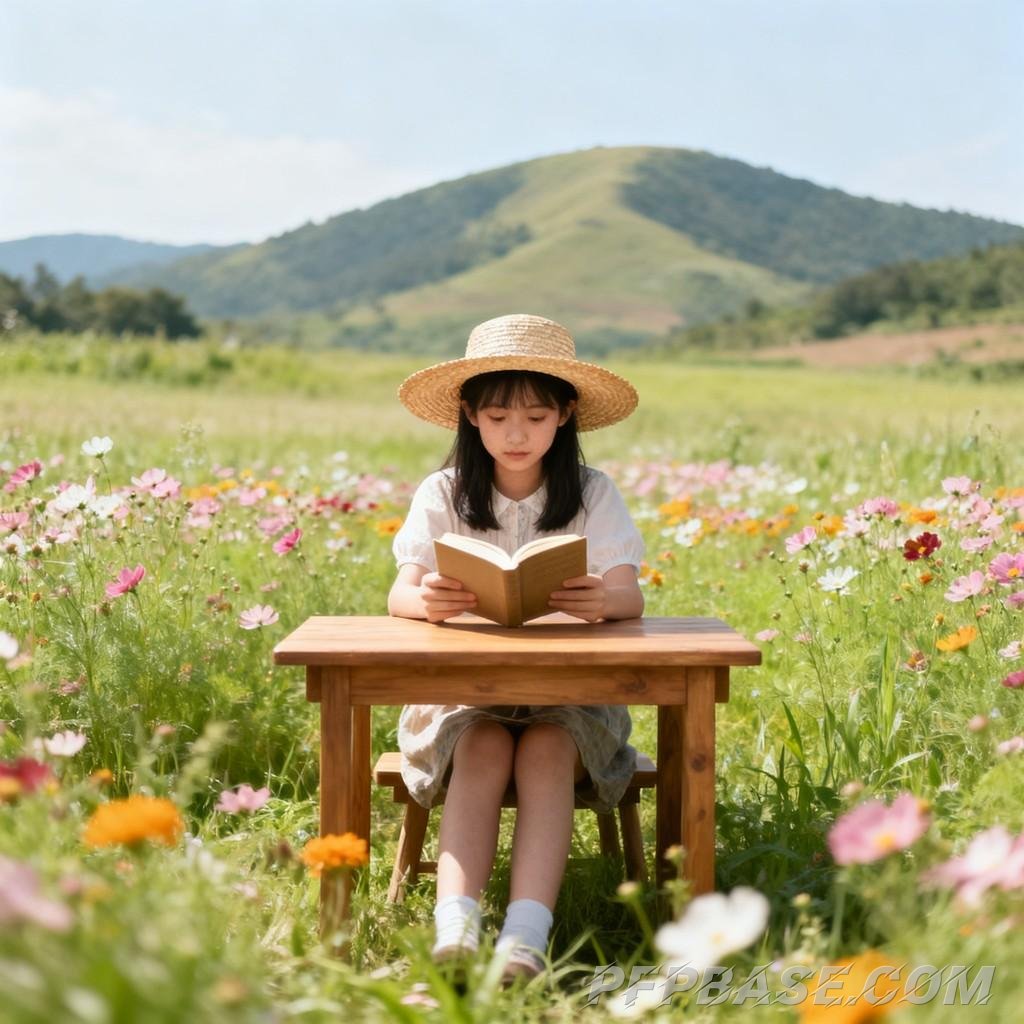 Image 4: young girl, sunset, sea of flowers, dreamy, soothing