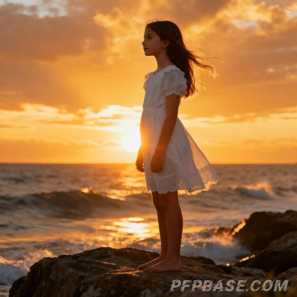 Image 6: young girl, sunset, sea of flowers, dreamy, soothing