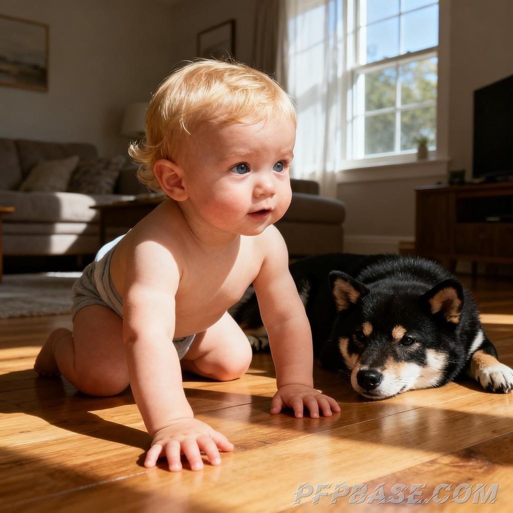 Image 5: cute toddler, shiba inu, warmth, daily life, family