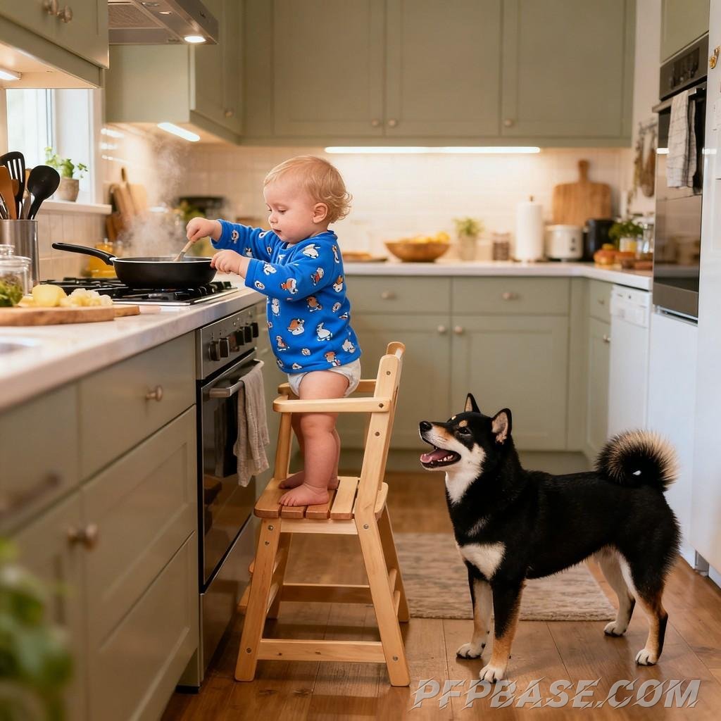 Image 6: cute toddler, shiba inu, warmth, daily life, family