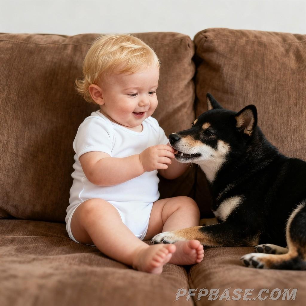 Image 8: cute toddler, shiba inu, warmth, daily life, family