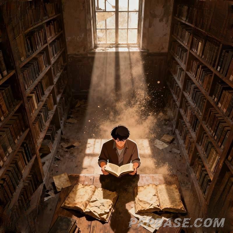 Image 7: male portrait, cliff at dusk, morning mist forest, dream realm, abandoned library, desert canyon