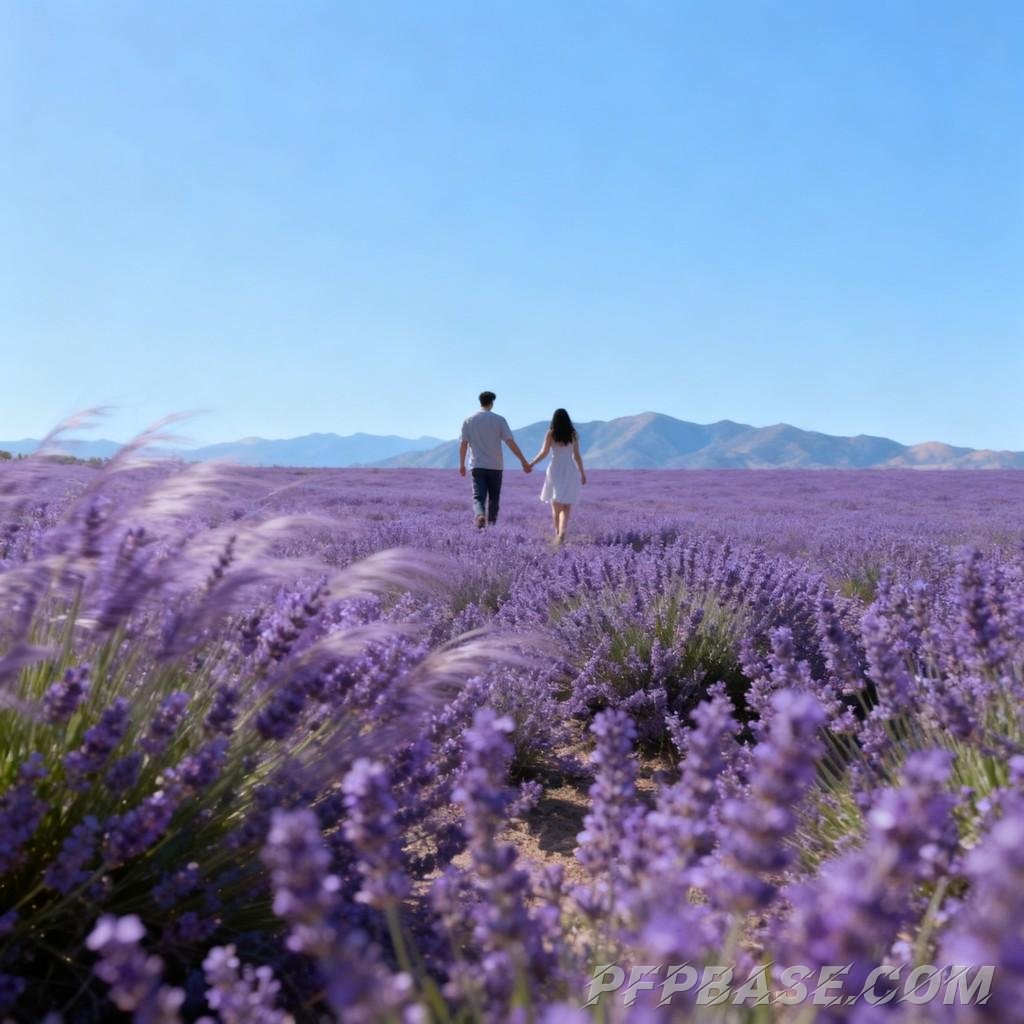 Image 4: dreamlike, purple, sea of flowers, blue sky, romantic
