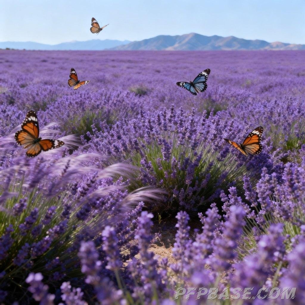 Image 7: dreamlike, purple, sea of flowers, blue sky, romantic