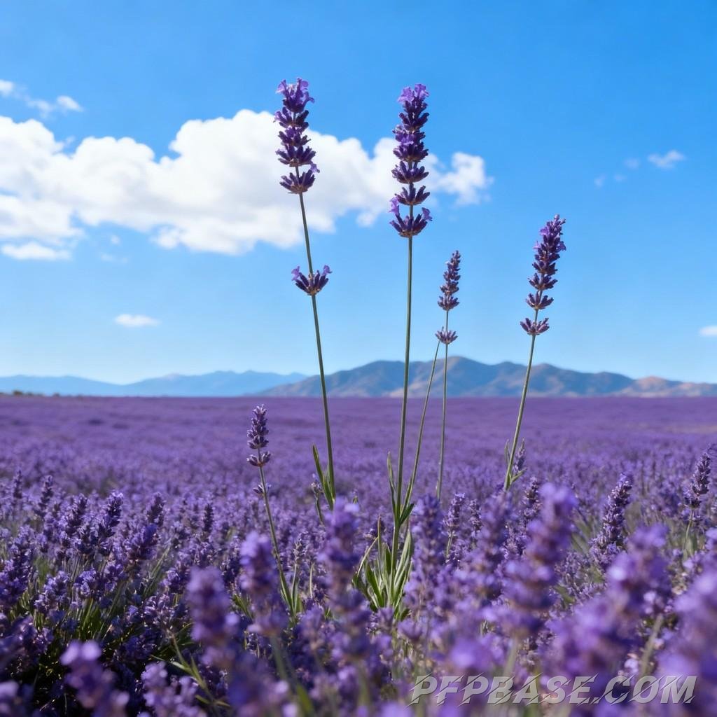 Image 8: dreamlike, purple, sea of flowers, blue sky, romantic