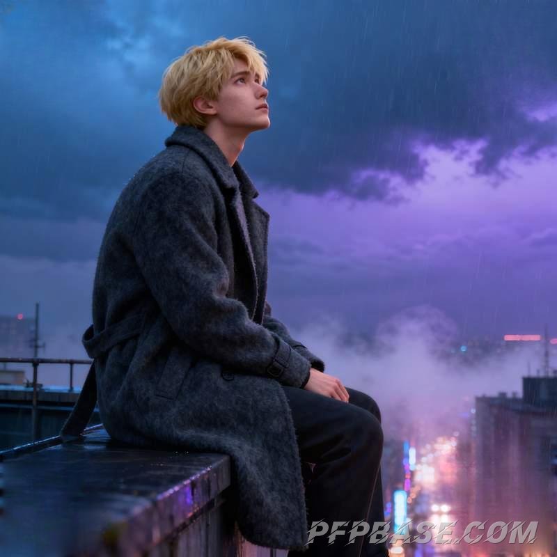 Image 1: man, coastal twilight, city rooftop, autumn forest, old brick wall, cliff storm clouds