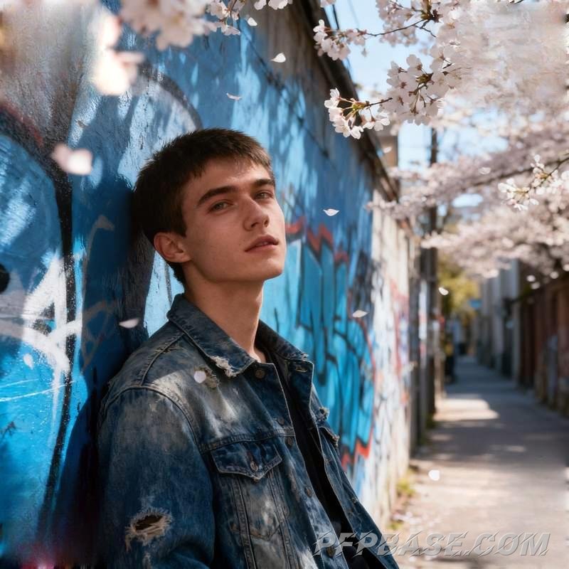 Image 3: young man, city rooftop, graffiti wall, mountain meadow, autumn forest, cliff edge