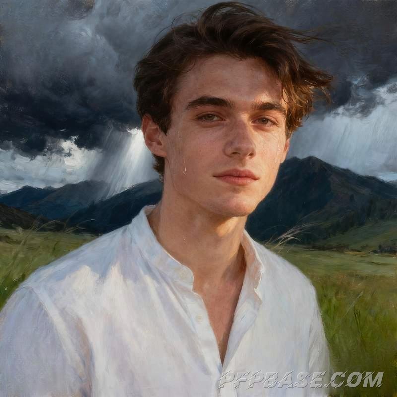 Image 5: young man, city rooftop, graffiti wall, mountain meadow, autumn forest, cliff edge
