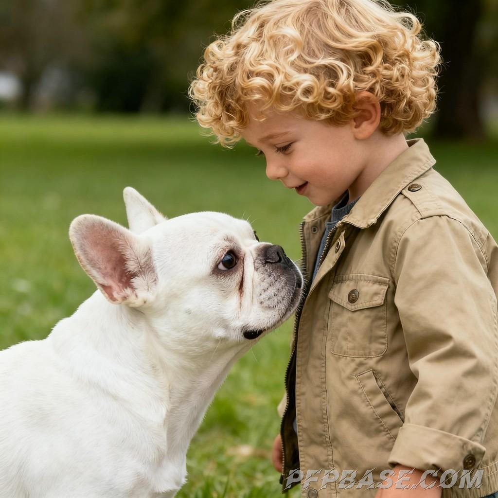 Image 1: blonde hair, blue eyes, curly hair, turtleneck sweater, khaki jacket, white bulldog