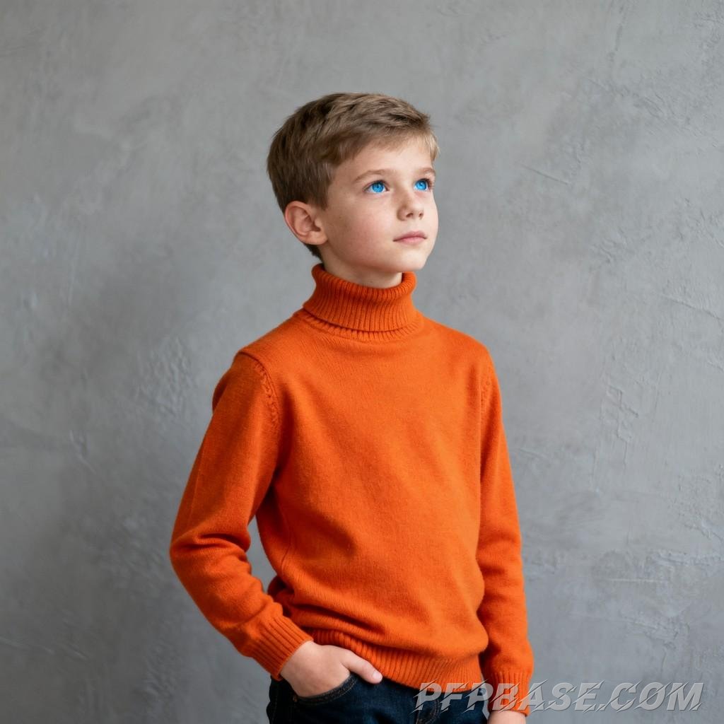 Image 6: blonde hair, blue eyes, curly hair, turtleneck sweater, khaki jacket, white bulldog