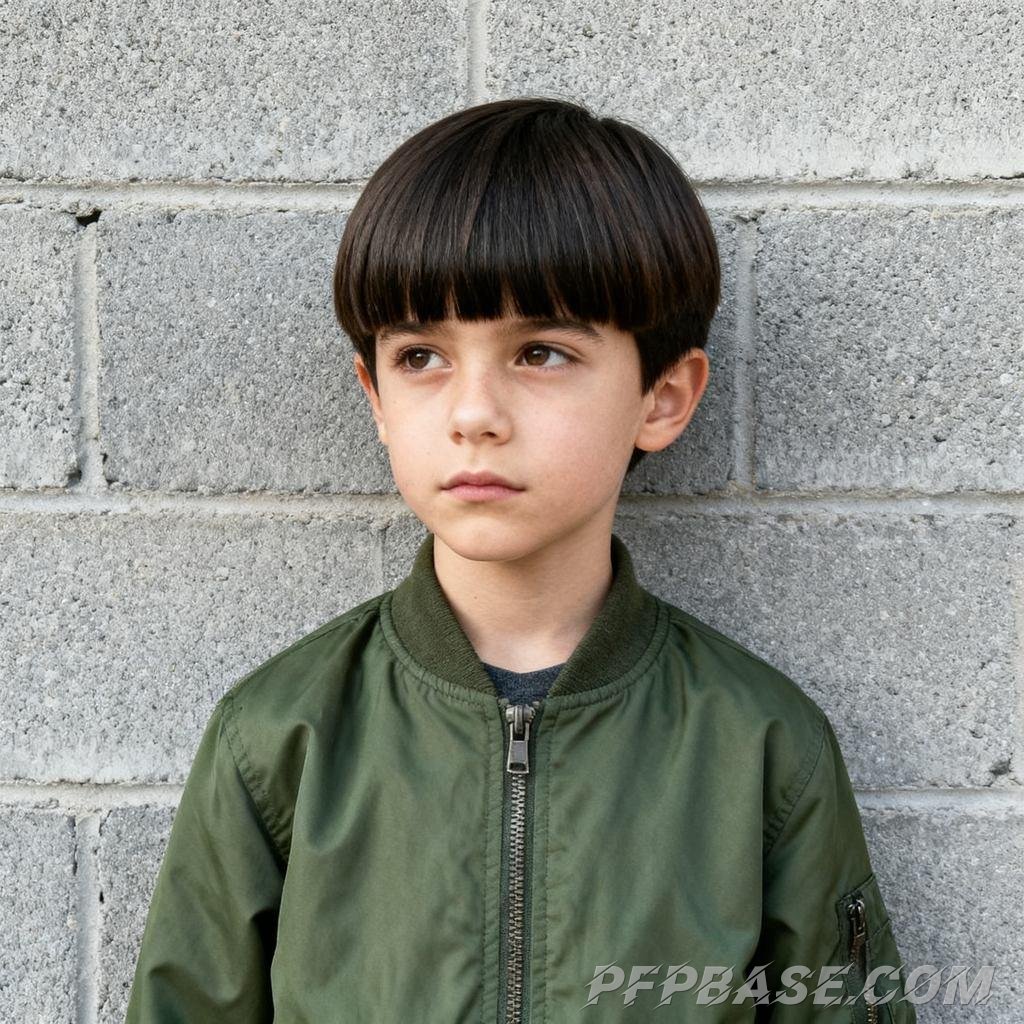 Image 7: blonde hair, blue eyes, curly hair, turtleneck sweater, khaki jacket, white bulldog