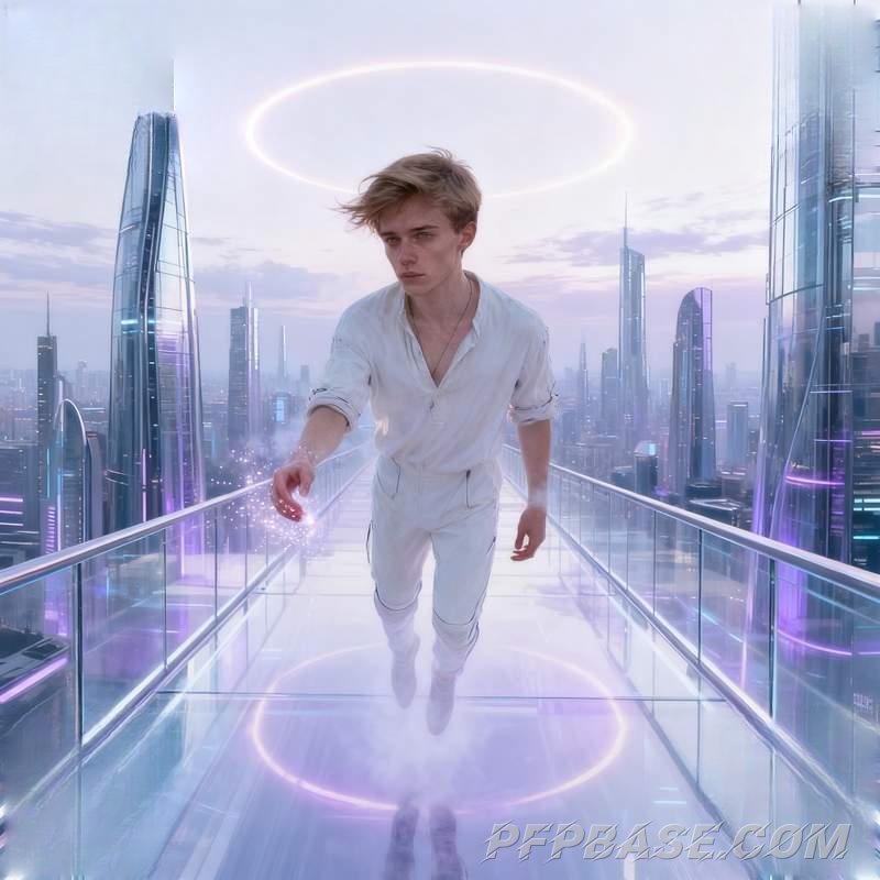 Image 1: man, city night view, library, desert oasis, skywalk, forest cabin