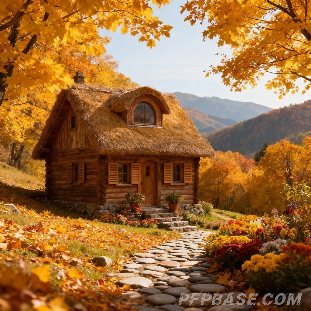 Image 1: pastoral scene, cozy cabin, wildflowers, mountain valley, Japanese animation style