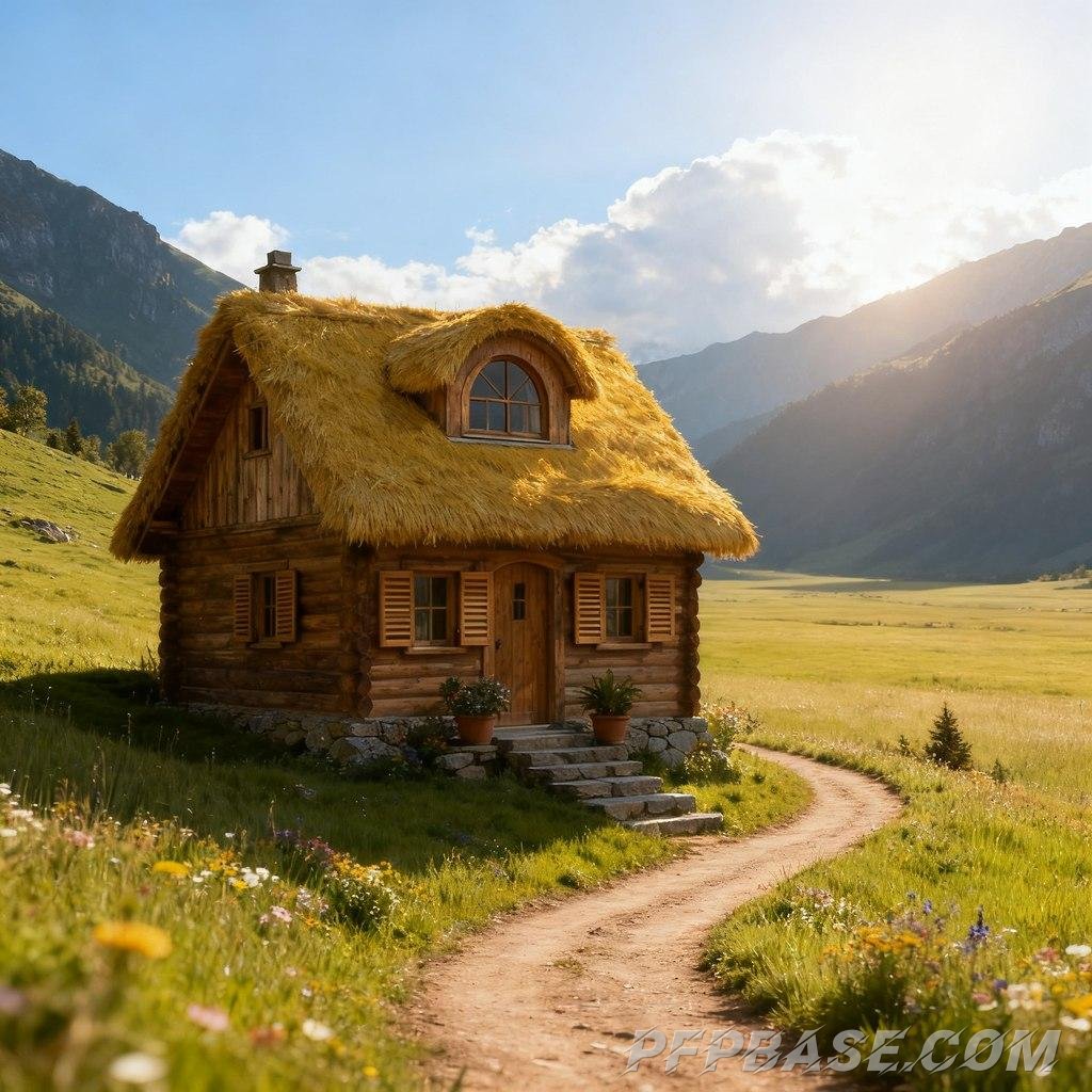 Image 3: pastoral scene, cozy cabin, wildflowers, mountain valley, Japanese animation style