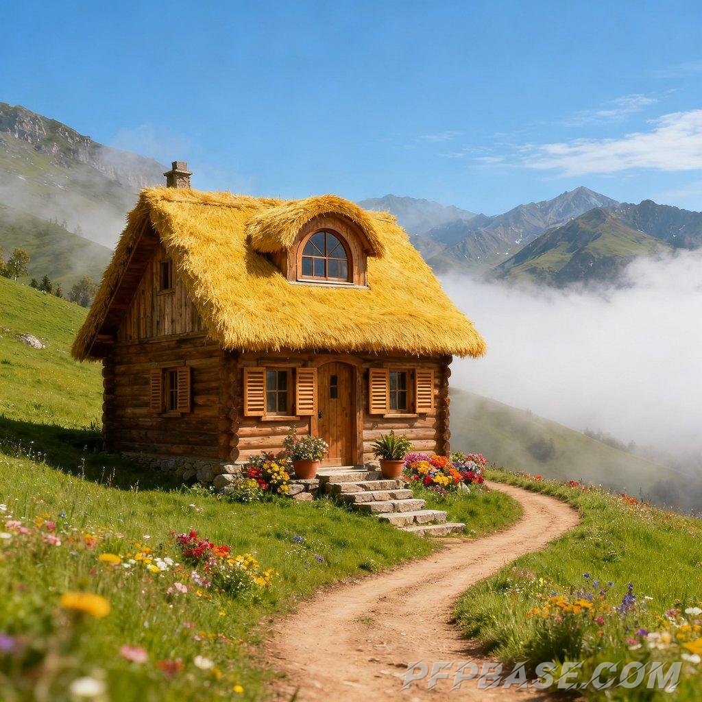 Image 4: pastoral scene, cozy cabin, wildflowers, mountain valley, Japanese animation style