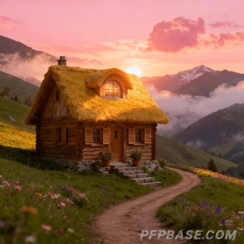 Image 5: pastoral scene, cozy cabin, wildflowers, mountain valley, Japanese animation style