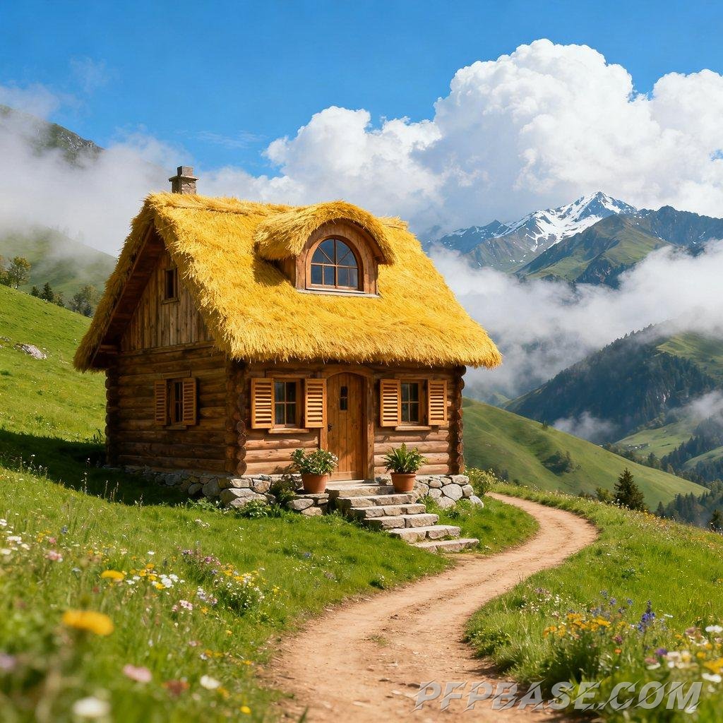 Image 6: pastoral scene, cozy cabin, wildflowers, mountain valley, Japanese animation style