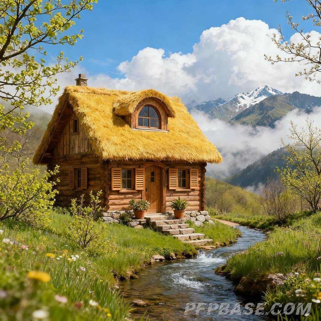 Image 7: pastoral scene, cozy cabin, wildflowers, mountain valley, Japanese animation style
