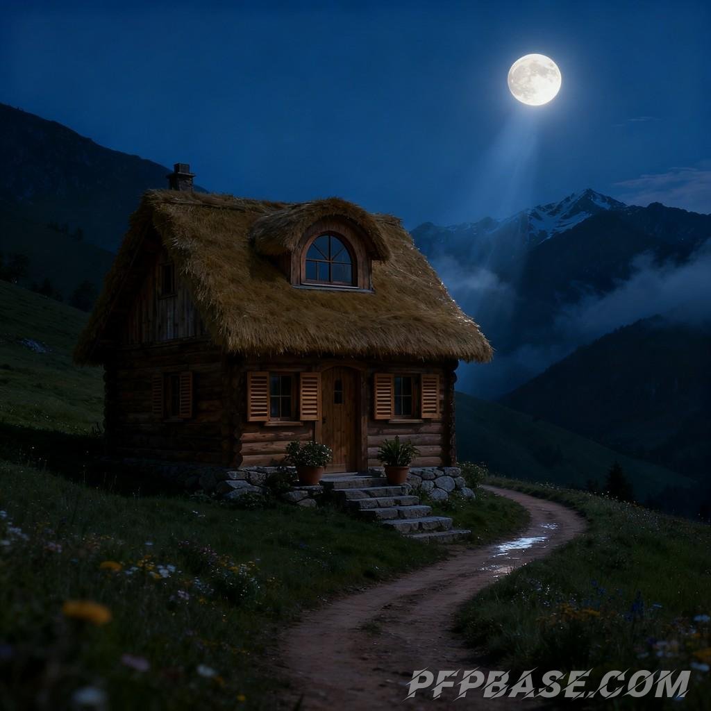 Image 8: pastoral scene, cozy cabin, wildflowers, mountain valley, Japanese animation style