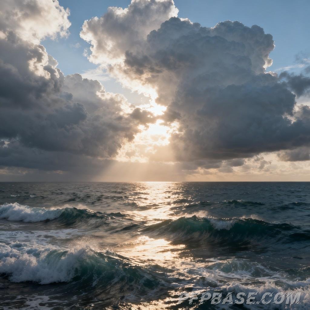 Image 1: waves, mountain range, sky, cloud layer, radiance
