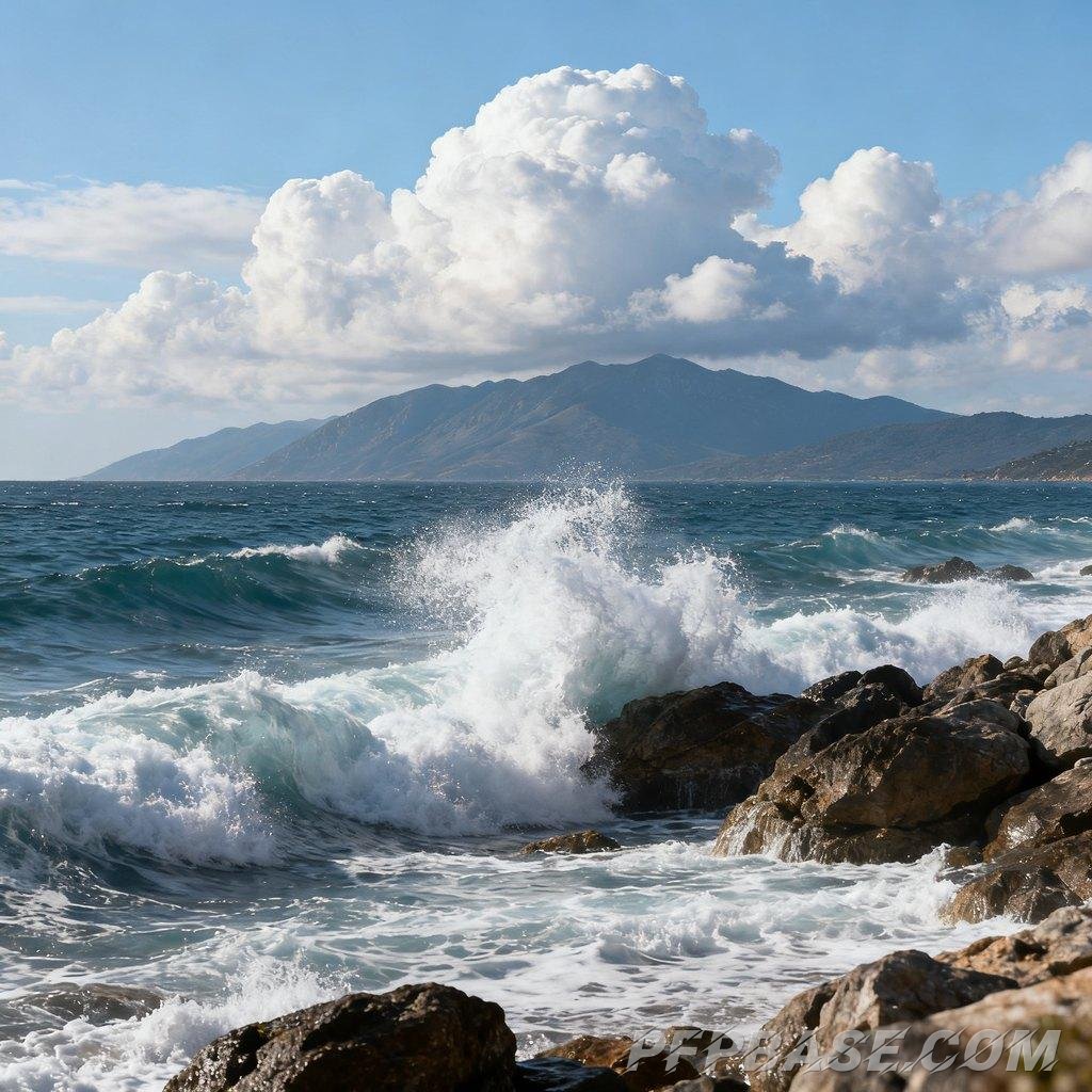 Image 6: waves, mountain range, sky, cloud layer, radiance