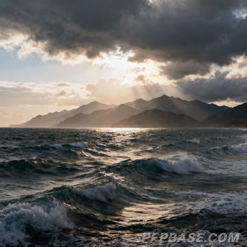 Image 8: waves, mountain range, sky, cloud layer, radiance