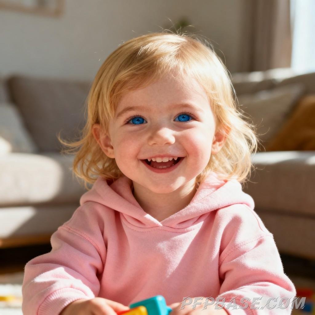 Image 1: blonde hair, blue eyes, smile, warmth, contemplation