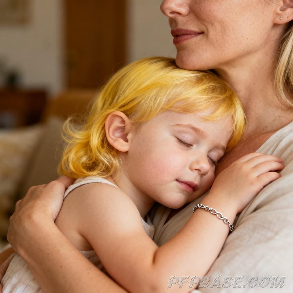 Image 4: blonde hair, blue eyes, smile, warmth, contemplation