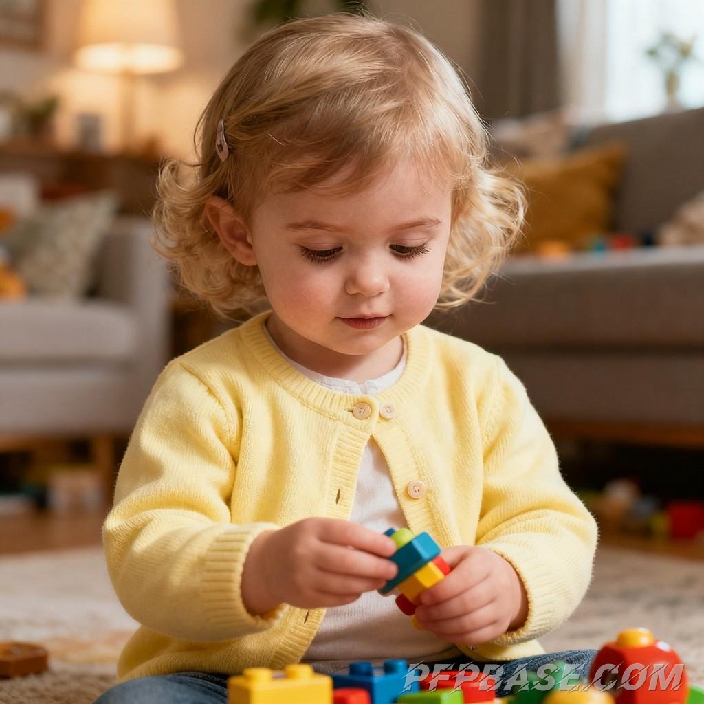 Image 6: blonde hair, blue eyes, smile, warmth, contemplation